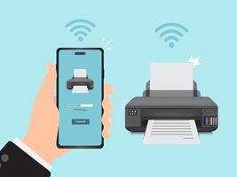 Man's hands hold a smartphone and print a document to a wireless printer. vector