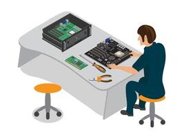 Engineers Working in Data Center Room. Installation and configuration hardware. vector