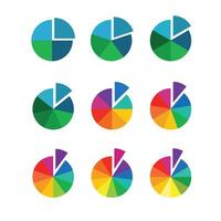 Pie chart with divided segments in multiple colors. Circle pie chart in 4,5,6,7,8,9,10,11,12 sections or segments on white background. Used for analyzing data. vector