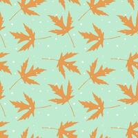Snowflakes and oak gold leaves pattern on mint green background. vector