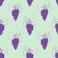 Grape seamless pattern is mint green background, purple grape berries and leaves. vector