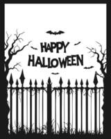 Dark frame text inscription Happy Halloween, black old cemetery fence and silhouette of bats, postcard on white background. vector