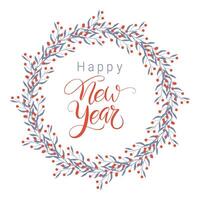 Happy New Year text lettering in round wreath of doodle branches with red berry, hand drawn, on white background. Holiday Card. vector