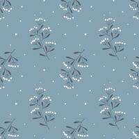 Winter New Year cold pattern with branches and snow, blue branches with white berry on blue background. vector
