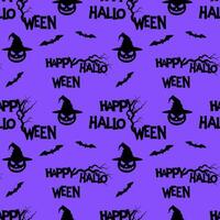 Purple pattern with Happy Halloween lettering and bats and pumpkins on background of gnarled old tree branches. vector