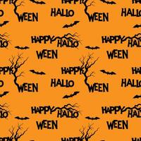 Orange pattern with Happy Halloween lettering and bats silhouette and gnarled old tree branches. vector