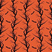 Tree branches gnarled old crooked and bats, Halloween pattern with black silhouettes on red-orange background. vector