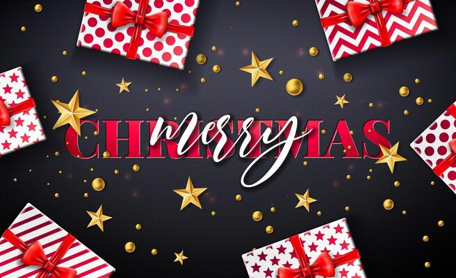 Merry Christmas and Happy New Year Illustration with Gift Box, Golden Star, Glass Ball and Typography Letter on Black Background. Holiday Season Banner Design for Greeting Card, Party Flyer