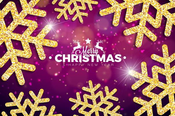 Merry Christmas and Happy New Year Illustration with Gold Glittered Snowflake and Typography Letter on Shiny Background. Holiday Season Banner Design for Greeting Card, Party Flyer, Celebration