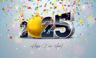 2025 Happy New Year Illustration with 3d Number, Gold Christmas Ball and Light Garland on Falling Confetti Background. Holiday Design with Typography Lettering for Flyer, Greeting Card, Banner vector
