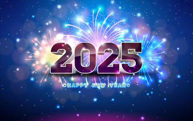 2025 Happy New Year Illustration with 3d Number and Glowing Fireworks on Night Blue Background. Christmas Holiday Design with Typography Lettering for Banner, Flyer, Greeting Card, Celebration Poster