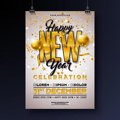 Happy New Year 2025 Party Celebration Poster Template Illustration with Typography Lettering and Golden Christmas Ball on Light Background. New Year Eve Holiday Flyer Design. Premium Invitation