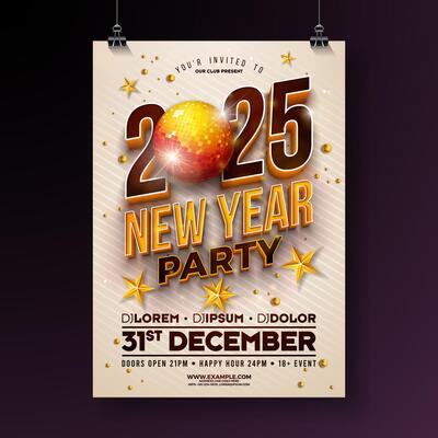 Happy New Year 2025 Party Celebration Poster Template Illustration with Shiny Disco Ball and 3d Typography Lettering on Clean Background. New Year Eve Holiday Design. Premium Invitation Flyer