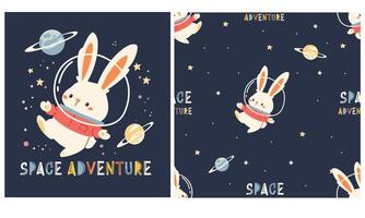 A set of flat prints for printing on children's products. Cute cosmonaut hare flying in space among stars and planets, space adventure print. Seamless pattern vector