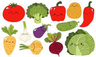 set of illustrations in children's style on white background. Cabbage carrots broccoli onion garlic tomato potato pepper eggplant cucumber beet with cute faces vector