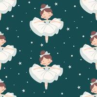 Seamless pattern in children's style. Cute ballerina and stars on dark background vector