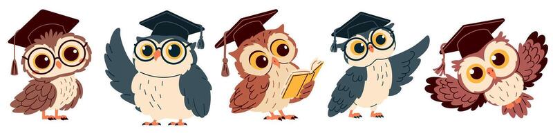 Set of flat illustrations in children's style. Cute owls with glasses and graduation hat, pointing with wing and reading books vector