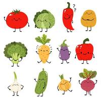 Set of illustrations in children's style. Cute vegetables in different poses and with cute faces. Cabbage carrots broccoli onion garlic tomato potato pepper eggplant cucumber beet vector