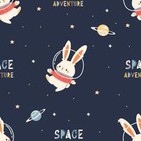 Seamless pattern in children's style on the theme of space. Cute rabbit in spacesuit flying in space among stars and planets, space adventure caption vector