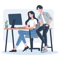 Flat illustration. Woman and man working together in office, joint work. Woman is working at the computer and man is watching vector