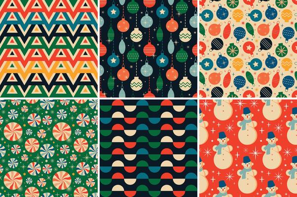 Vintage retro Christmas seamless patterns in the style of the 60s and 70s