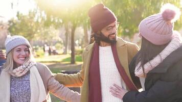 Friends are sharing a happy moment, smiling in a park enjoying the fun together. video