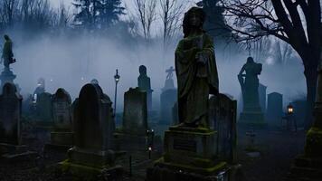 obsesionante cementerio escena. parpadeando linternas y laminación niebla debajo un oscuro cielo video