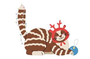 Cute cat in funny knitted hat and garland on its tail playing with Christmas ball flat illustration isolated on white. vector