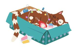 Cute cat sleeping in a box with Christmas toys and garland flat illustration isolated on white. vector