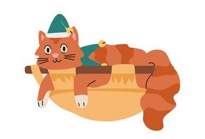 Funny cat in Christmas outfit laying in hammock flat illustration isolated on white. vector