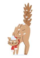 Funny cat in scarf shocked by the snow flat illustration isolated on white. vector