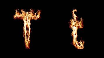 Uppercase and lowercase symbol T burning in fire. video