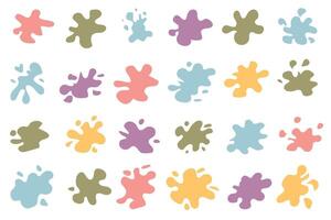 Set of colorful splashes. Bright spots, paint, set of design elements. Paint splatter colorful set. Round splash flat collection, decorative shapes liquids. Different splashes and drops. vector