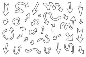 Black and white arrows point in various directions and various arrow shapes, straight, curved, circular, curved. illustration vector