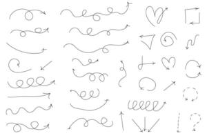 Isolated arrows, hand drawn on a white background. Straight, curved, circular, multidirectional arrows vector
