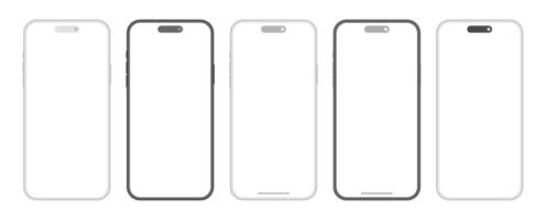 Modern smartphone devices mockup template set. Black gray frame mobile phones with blank display for user interface design vector