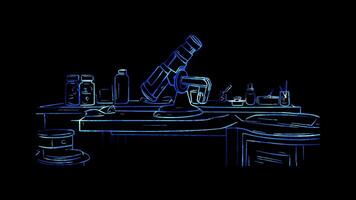 Neon frame effect, Microscope Symbolizes science or research on black background video