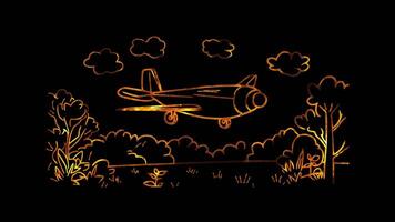 Neon frame effect, Plane Symbolizes creativity or simple fun learning on black background video