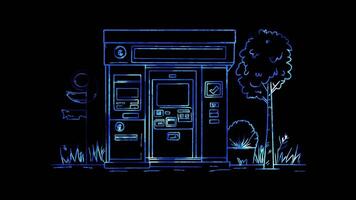 Neon frame effect, ATM Machine representing cash withdrawals and banking services on black background video