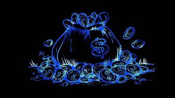 Neon frame effect, Money Bag symbolizing wealth, profits, and savings on black background video