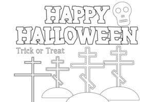 Spooky Halloween coloring page featuring a graveyard with crosses, a skull, and Happy Halloween text. Perfect for kids to color. vector
