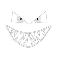 Spooky Halloween coloring page of a menacing grinning face with sharp teeth and intense eyes. Perfect for Halloween decorations and activities. vector