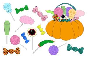 A colorful set featuring spooky Halloween candies, lollipops, and a pumpkin bucket. Perfect for festive designs and holiday themes. vector