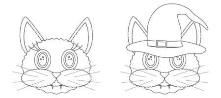 Printable Halloween cat coloring page featuring a cute cat with and without a witch hat. Fun and spooky activity for kids. vector