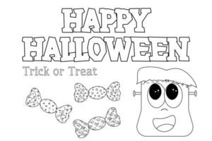 Fun Halloween coloring page for kids featuring Happy Halloween text, candy, and a cute Frankenstein. Perfect for festive activities. vector