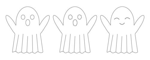Fun and simple Halloween coloring page featuring cute ghosts. Perfect for kids and holiday crafts. Easy-to-print design. vector