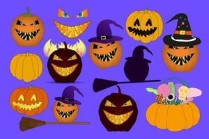 A spooky set of Halloween pumpkins, jack-o-lanterns, and festive elements. Ideal for holiday designs, posters, and cards. vector
