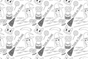 A seamless Halloween coloring page pattern featuring witch hats, cauldrons, lollipops, bats, and spooky elements perfect for kids. vector