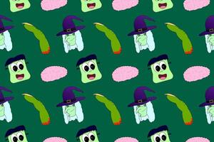 Seamless Halloween pattern featuring cute monsters, witches, brains, and zombie fingers. Fun and spooky design for kids and adults. vector