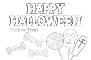 A fun Halloween-themed coloring page featuring various candies, a lollipop, and a spooky Happy Halloween banner. Perfect for children to color. vector